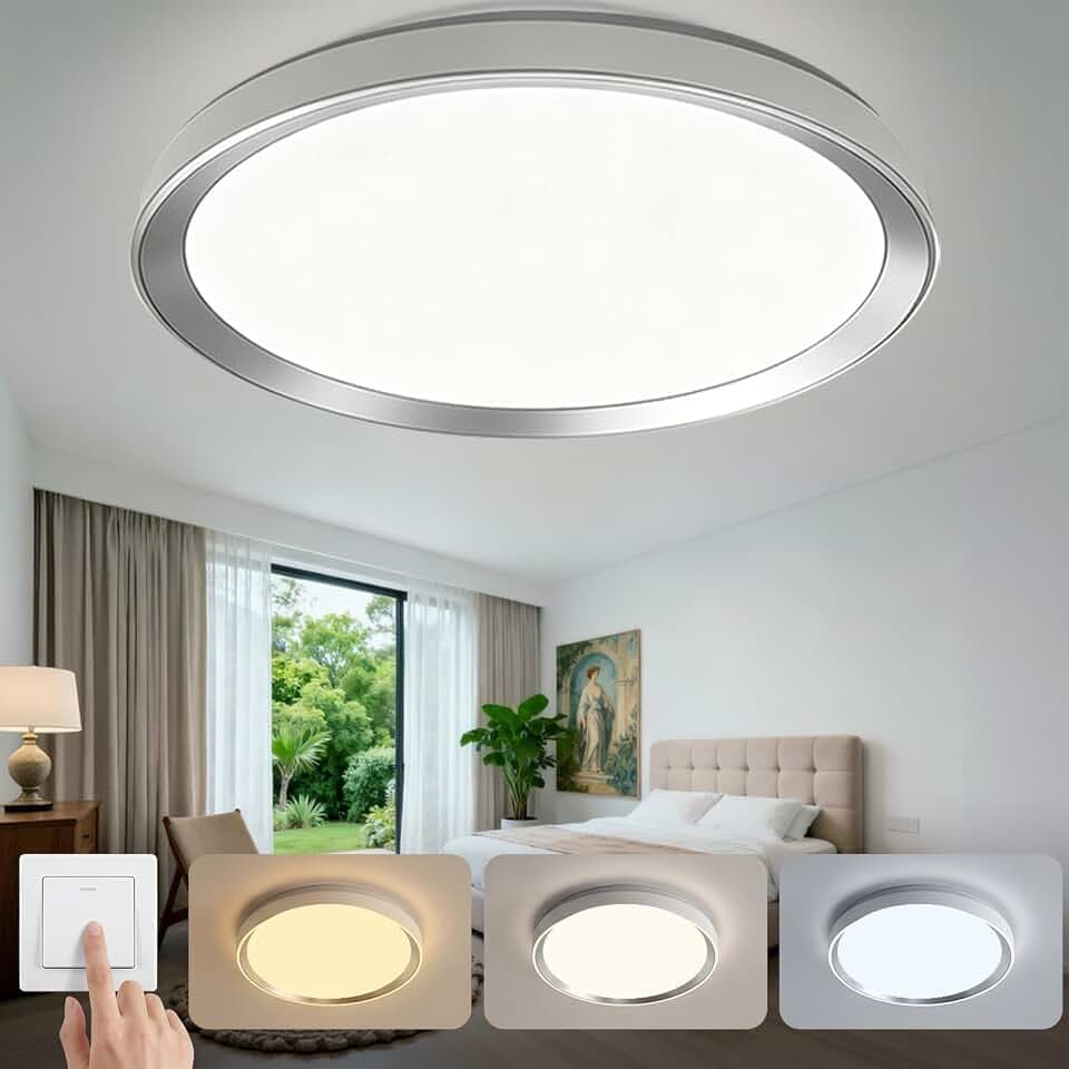 Deckenlampe LED Deckenleuchte 48W 6500LM Ø38cm Silberne - mit 3 Farbtemperaturen (3000K/4000K/6500K) per Wandschalter Steuerbar,Flimmerfrei,CRI80+,PF＞0.9 - für Büro & Schlafzimmer,Wohnzimmer
