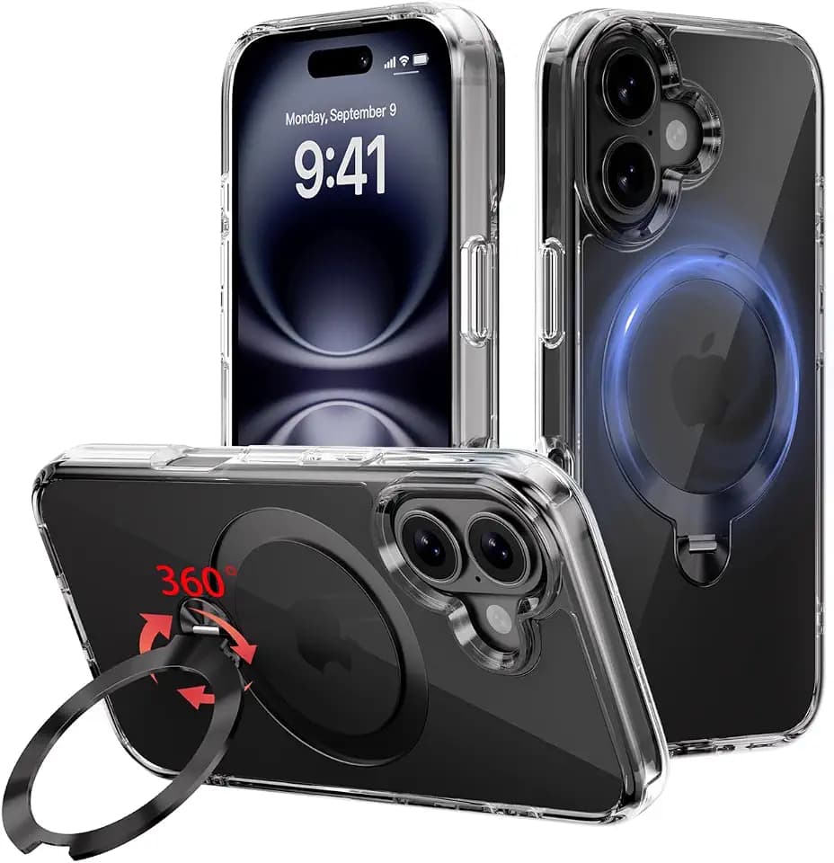 for iPhone 16 Case,Clear Black with Invisible 360° Kickstand, Magnetic Ring Compatible with MagSafe, Slim Rugged Military Grade Shockproof Protective Cover for Men & Women, 6.1 Inch
