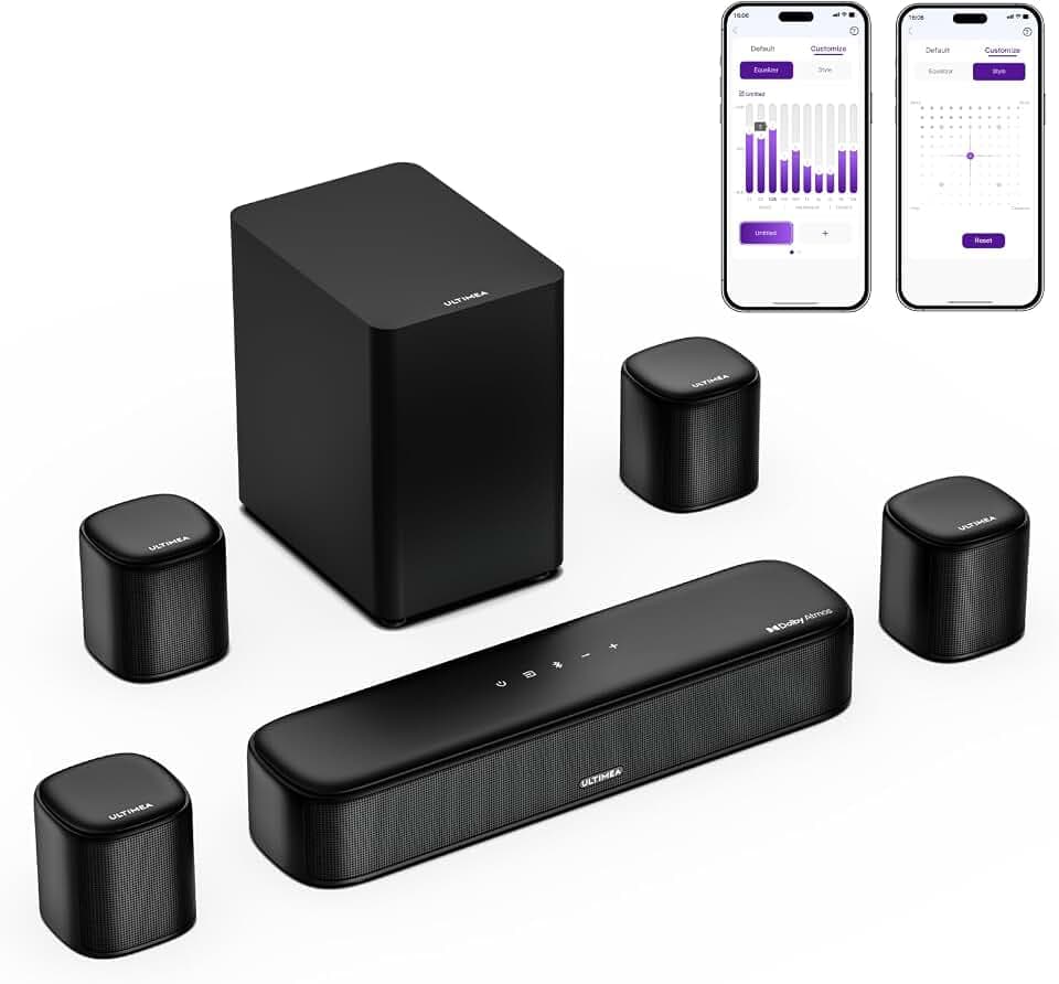 ULTIMEA 7.1ch Soundbar mit Dolby Atmos, 3D Surround Sound System für Heimkino mit 4 Surround Lautsprechern, App, Home Theater Soundsystem, TV Soundbar mit Subwoofer, HDMI eARC, Bluetooth 5.3, Aura A60