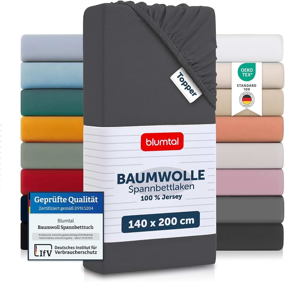 Blumtal® Basics Spannbettlaken Topper 140x200x15cm Jersey - Bettlaken aus 100% Baumwolle - Oeko-TEX zertifiziertes Spannbetttuch 140x200cm - Anthrazit