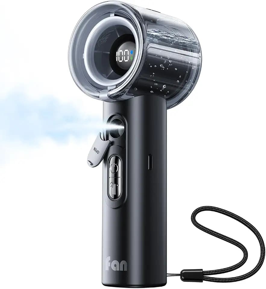 KIMMOO Tragbarer Turbo-Ventilator mit Sprühnebel, leistungsstark 25000 U/min, Geschwindigkeit (1–100), 50 ml Wassertank, USB-wiederaufladbarer persönlicher Ventilator, kleine Taschenventilatoren für