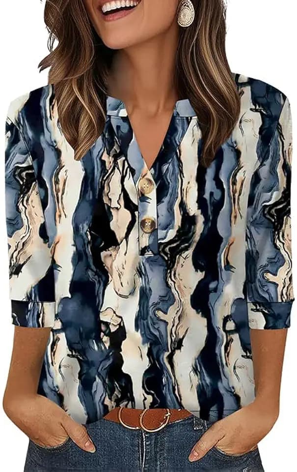 OFEEFAN Womens Tops 3/4 Sleeve Henley Shirts for Women Summer Outfits Fashion Clothing