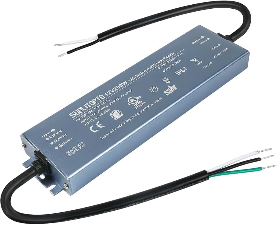 12V 200W IP67 Waterproof LED Driver, AC120-277V Low Voltage Power Supply Transformer for LED Strip Lights, UL CE TAA Listed