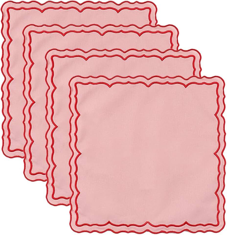 Scalloped Embroidery Cloth Napkins Set of 4 14"X14" Cotton Napkins for Potluck Party Wedding Table Decor (Square Pink with Red)
