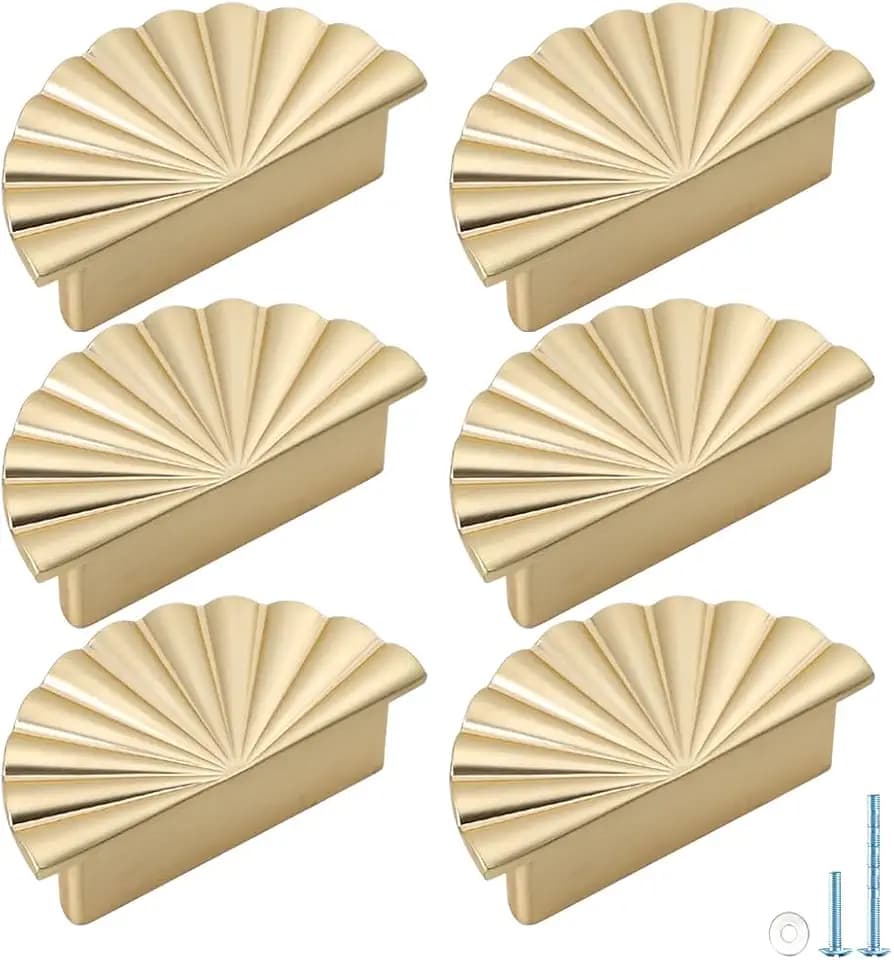 6 Pack Semicircle Sunflower Brushed Gold Cabinet Pulls,Brass Drawer Handles Knobs,Half Round Kitchen Cabinet Handles,Finger Edge Pulls Knobs with Screws (6, Brushed Gold, 2.5'' Hole Center)