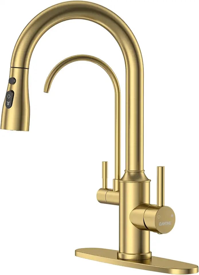 DAYONE Gold Kitchen Faucet with Drinking Purfied Water Faucet, High Arc 3 in 1 Sink Tap Stainless Steel 1 Holes, Two-Handle 3-Way Pull Down Sprayer, (Without System)