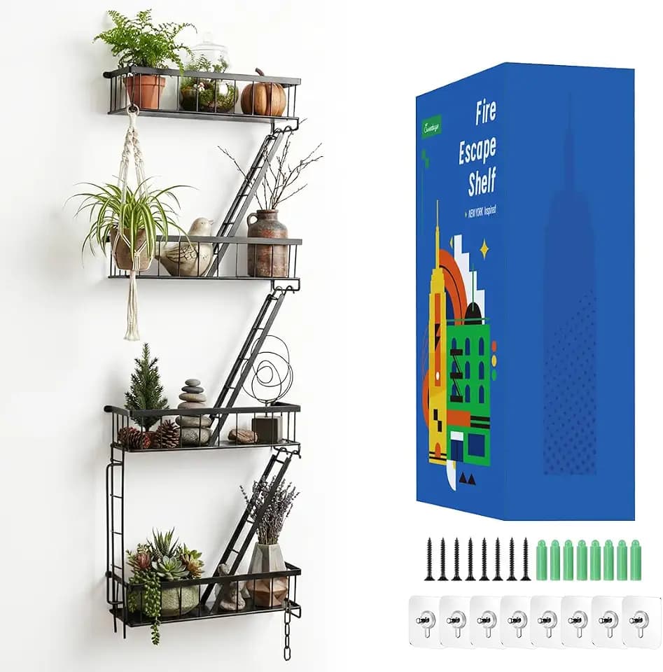 SweetSage Fire Escape Wall Shelf 4 Tier - NYC Decorative Floating Shelf Black Metal Book Shelves for Home Office Apartment Organizer and Display