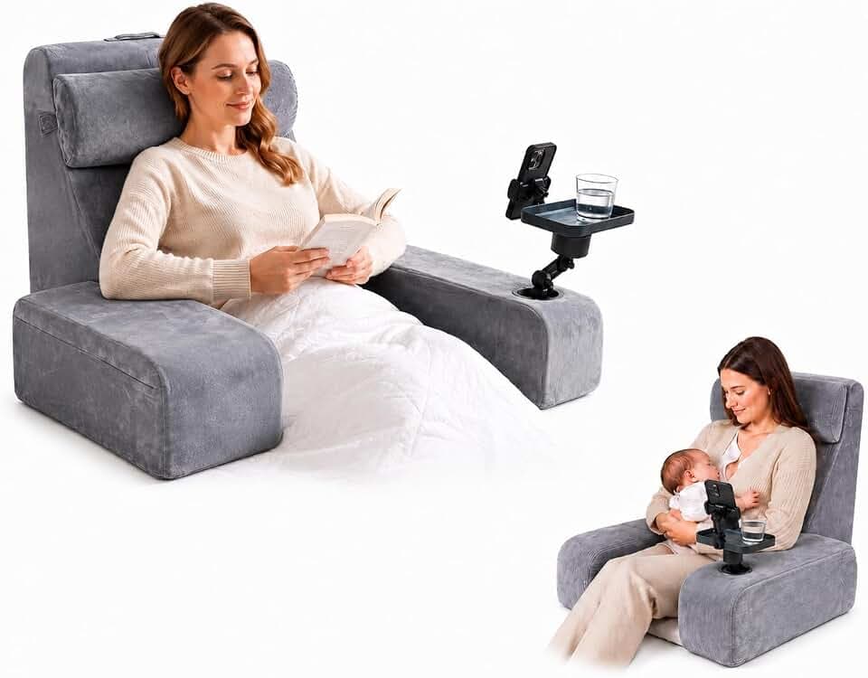 Reading Pillow for Adults – 24in XL, Cup Holder, Phone Caddy & Tray Mount