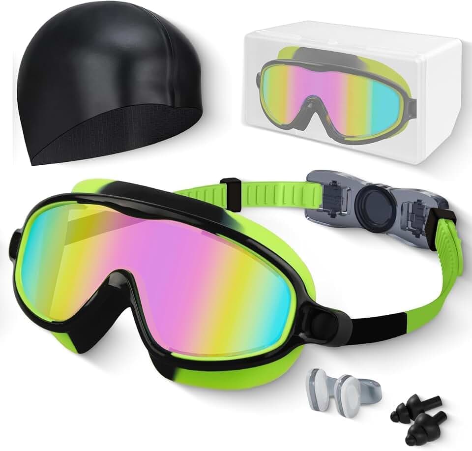 Kids Swim Goggles, Anti-fog, UV Protection and Wide View Swimming Goggles & Swim Cap for Age 3-15 Boys Girls Toddler