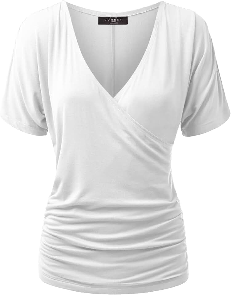 Made By Johnny Women's V Neck Short Sleeve Wrap Front Drape Dolman Tunic Top