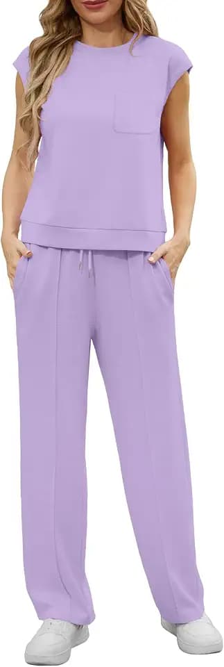 GRECERELLE Zweiteiler Trainingsanzug Damen Sommer Outfits Tracksuit Kurzarm Lässige Crew Neck Cap Sleeve Tops und Jogginghosen Trainingsanzüge mit Taschen