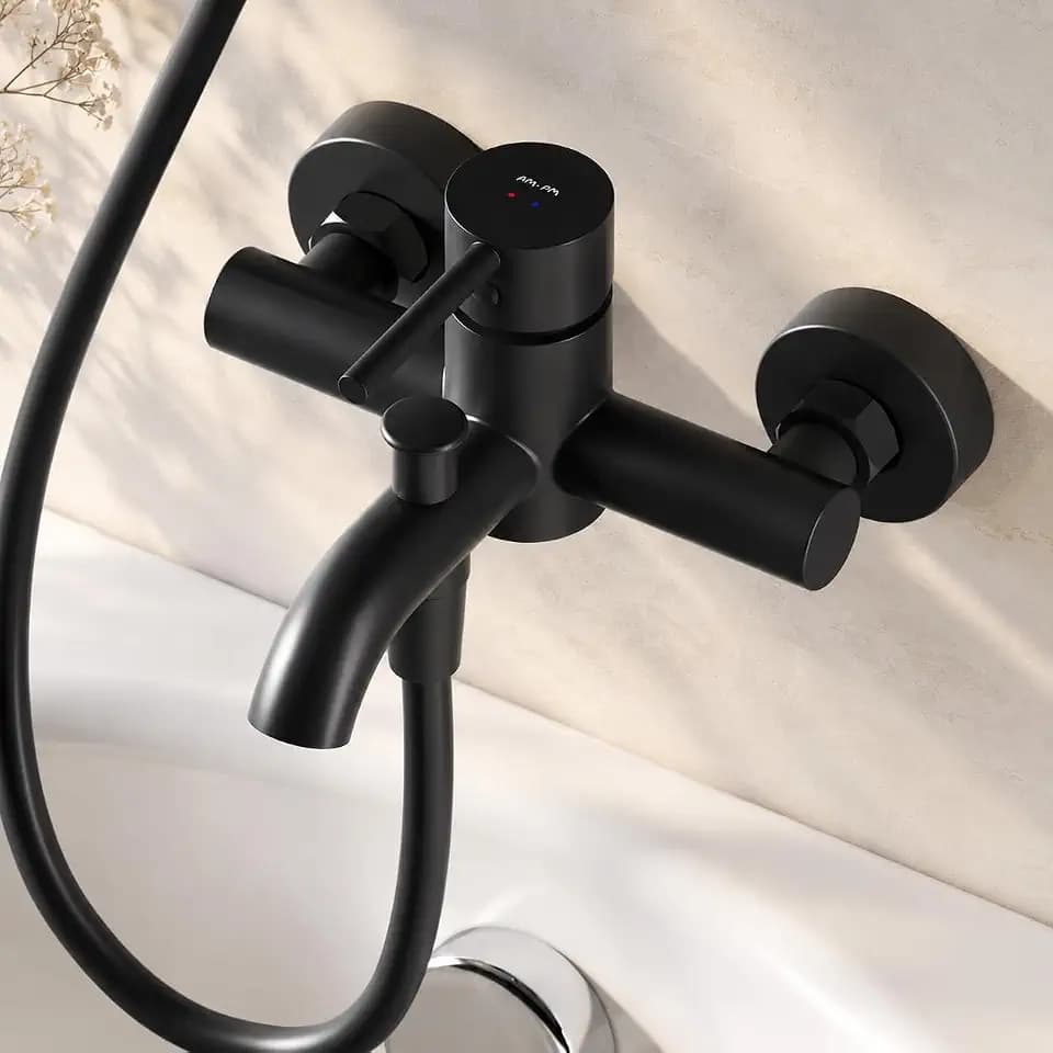 Badewannenarmatur mit Auslauf, Mischbatterie Badewanne, Brausebatterie Wanne, Einhand-Wannenbatterie für Badewanne und Dusche, Badezimmer Armatur, Schwarz, AM.PM Spike FPA10022