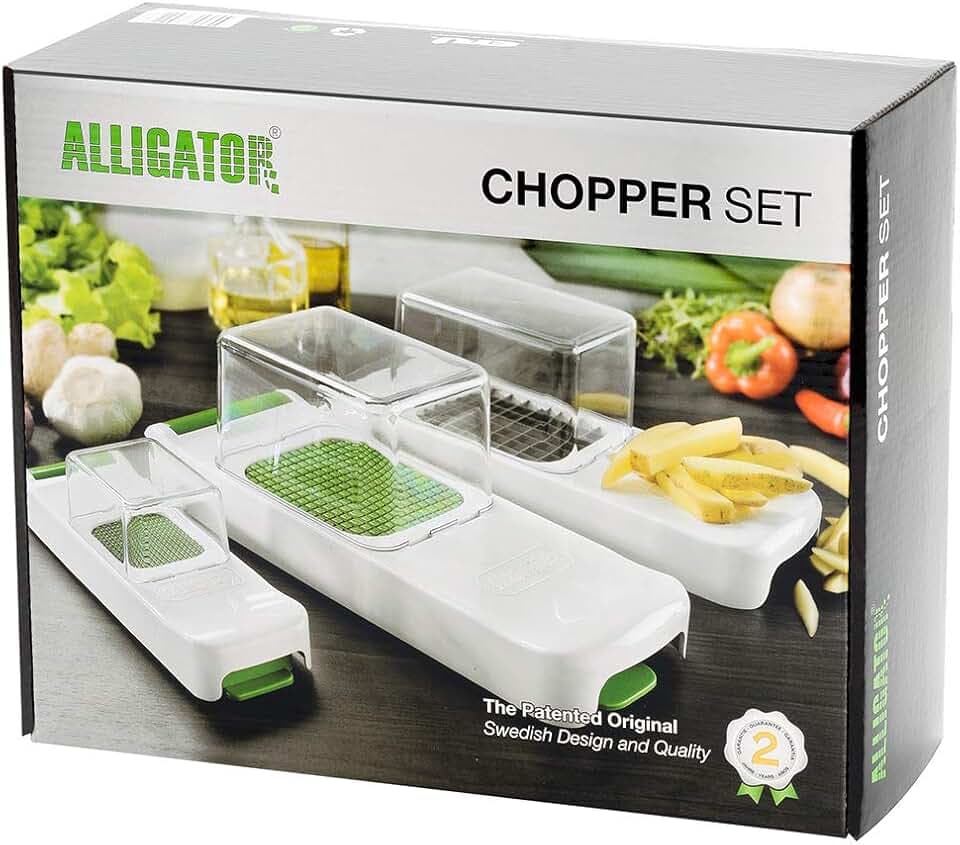 ALLIGATOR 3002 - 3-in-1- Multifunktionsschneider - Gemüses- Zwiebel- und Pommesschneider - 3 Austauschbare Klingen- 3x3 mm 6x6 mm 12x12 mm - BPA-frei - Weiß und Grün