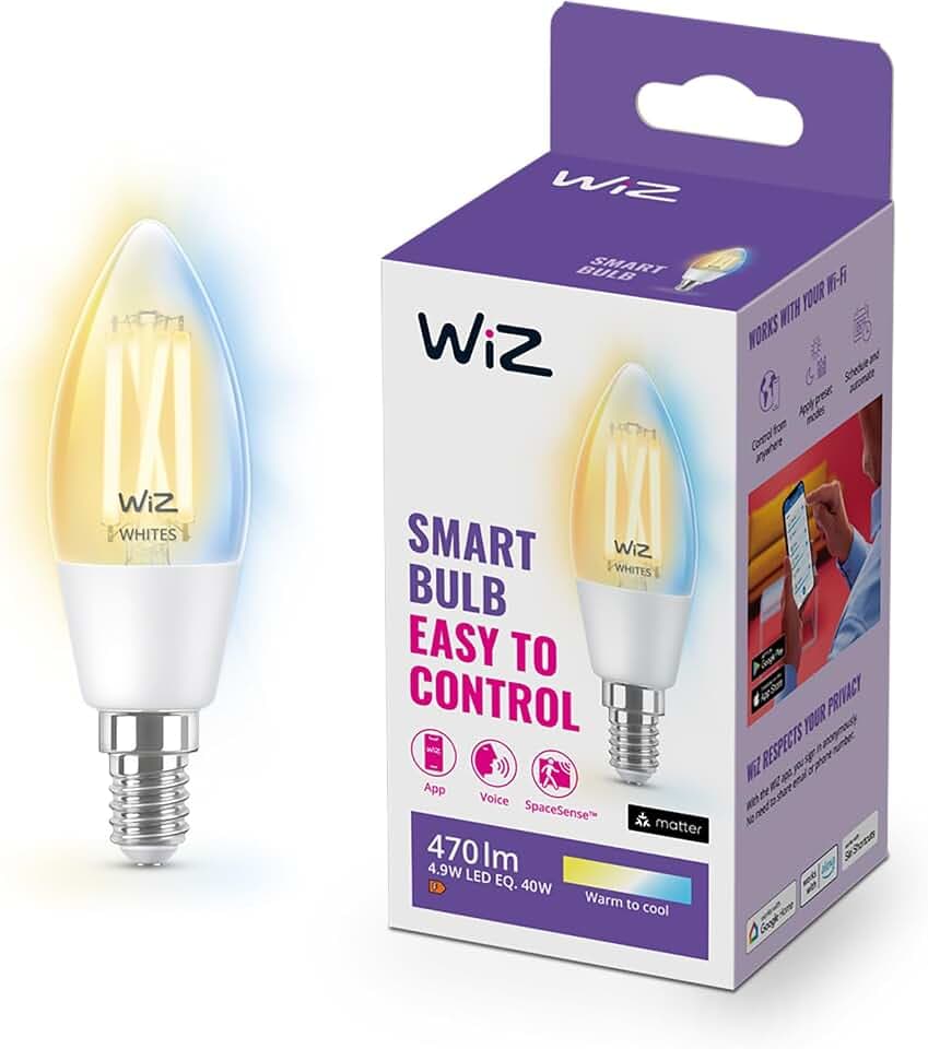 WiZ Tunable White LED Lampe E14 (470 lm), 40 W transparente Filament Lampe mit warm- bis kaltweißem dimmbarem Licht, smarte Lichtsteuerung über WLAN per Stimme/App