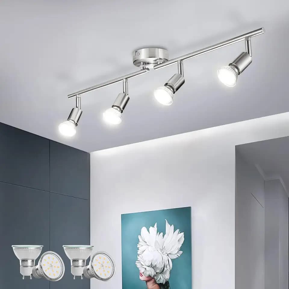 BOJIM Deckenstrahler 4 Flammig Lampe, LED Strahler Deckenleuchte Matt Nickel, Inkl. 4 x 6W Decke GU10 Spot Schwenkbar Deckenlampe, Modern Light für Küche Wohnzimmer Flur Innen Ceiling Büro Neutralweiß