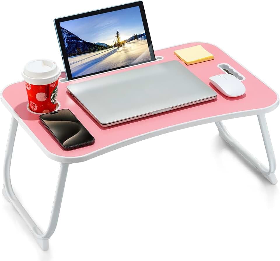 ZEAPTAC Laptop Bed Desk, Foldable Lap Desk, Portable Lap Table, Laptop Stand with Cup Holder, Tablet Slot & Lifting Handle for Work, Write, Draw & Eat on Bed, Sofa or Couch - Pink