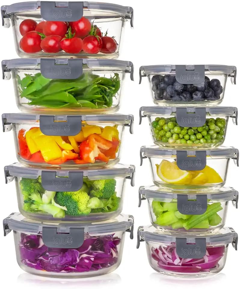 Igluu Meal Prep Boxen Glas, rund (10er-Pack) – 400 & 950ml | BPA-frei – geeignet für Ofen, Heißluftfritteuse, Mikrowelle, Gefrierfach und Spülmaschine – auslaufsicher – Borosilikatglas