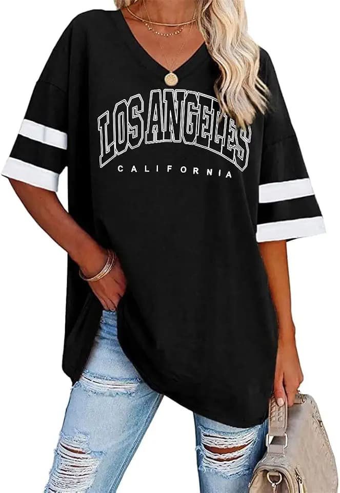 Tomwell Damen Los Angeles Brief T-Shirt mit V-Ausschnitt Oversize Oberteile