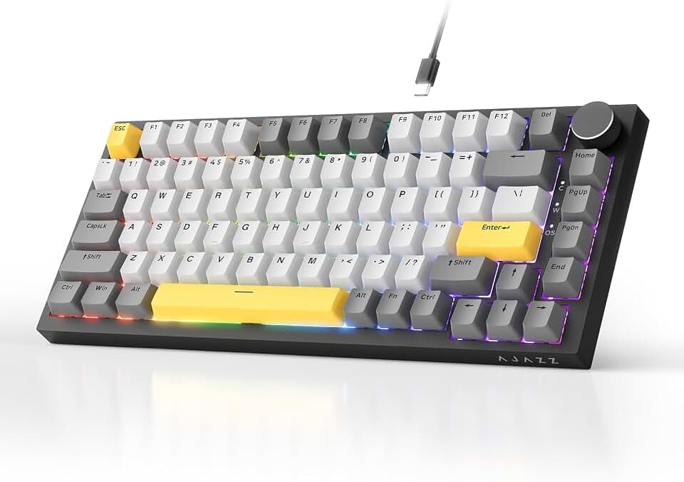 AJAZZ AK820 Wired Mechanical Keyboard, 75% Gaming Keyboard with Volume Control Knob, QWERTY Layout, 82 Keys, Five-Layer Sound Insulation Pad, South-Oriented RGB, Full-Key Hot Swap, Grey White Yellow
