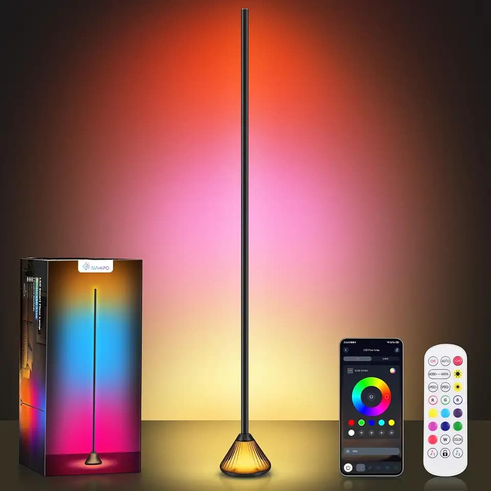 Smart RGB Corner Floor Lamp, LED Modern Corner Lamp with App & Remote Control, Music Sync Color Changing Dimmable Standing Lamp for Living Room Bedroom Game Room Home Decor (1 Pack)