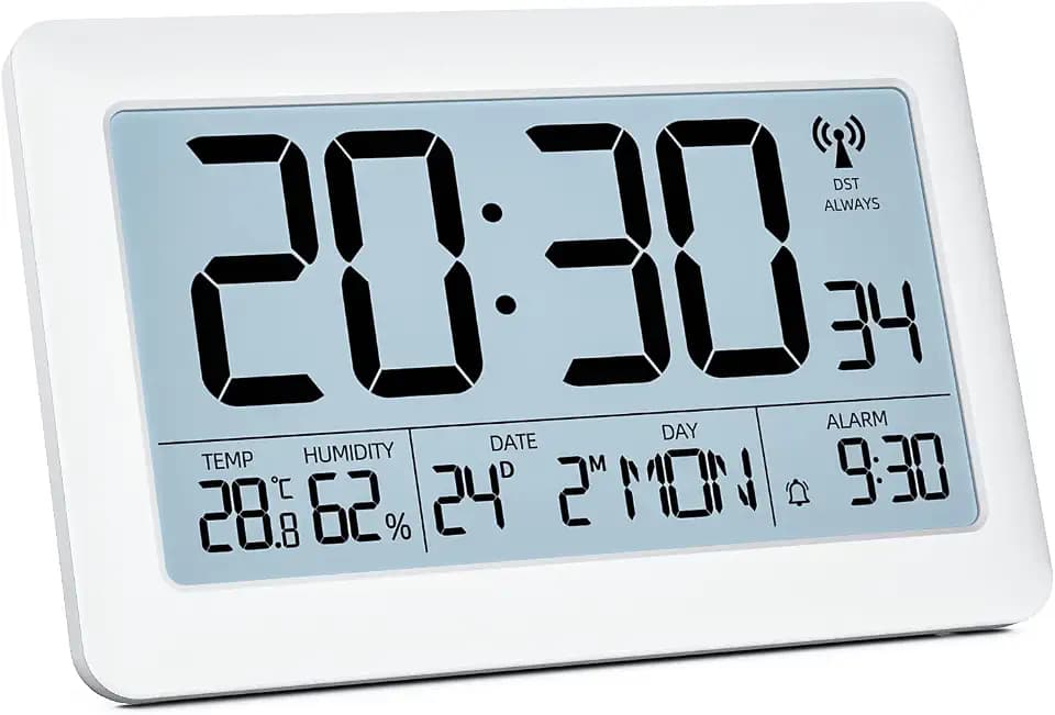 LATEC Wecker Digital Funkuhr, Funkwecker mit DCF-77, Wanduhr und Tischuhr mit 7,5" LCD Bildschirm, Wochentag(7 Sprachen), Hintergrundbeleuchtung, Kalender, Temperatur(Inklusive Batterie)