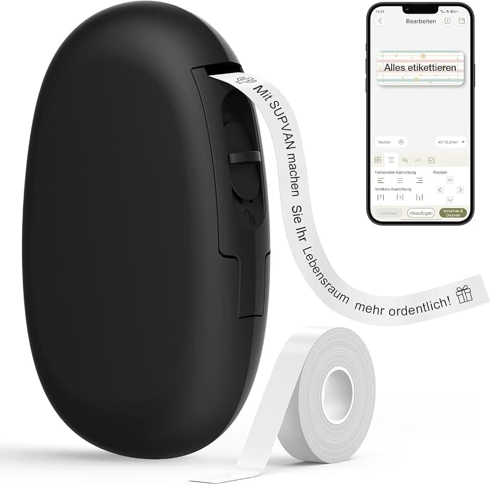 SUPVAN E10 Etikettendrucker mit Bluetooth und Endlosetiketten, Schwarz
