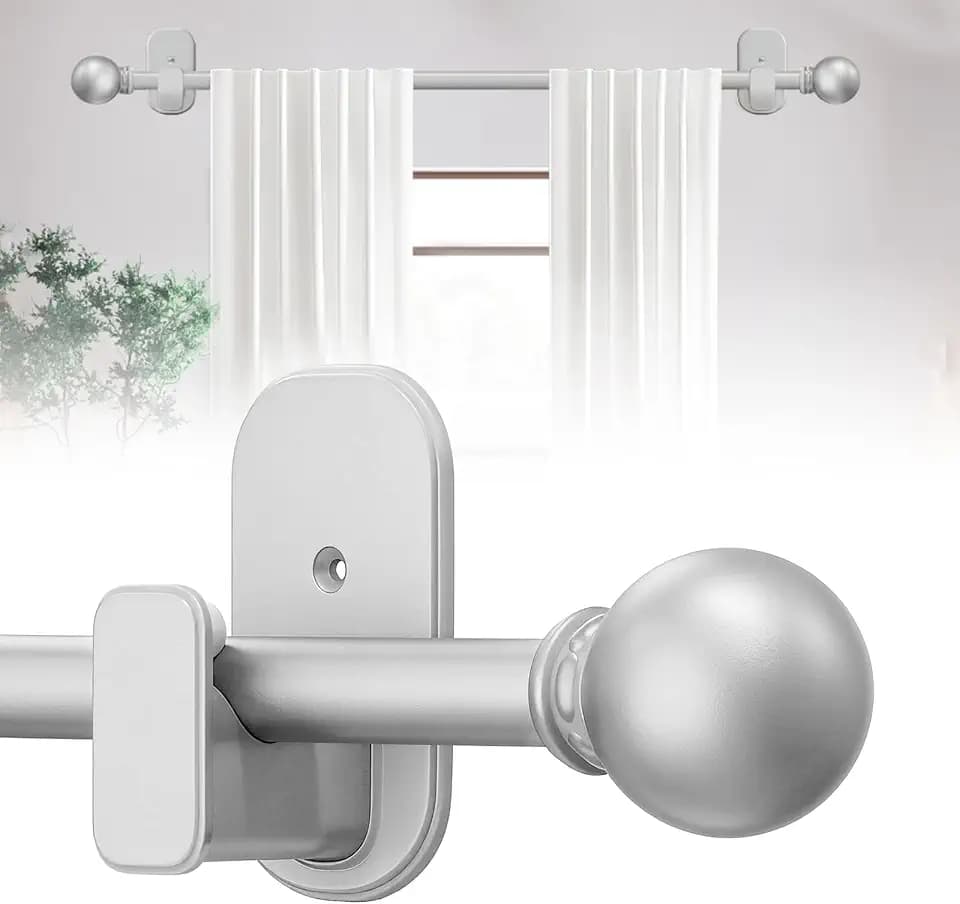 TKZTKZ Curtain Rods No Drilling with Adhesive Brackets,Adjust 36-88,Silver