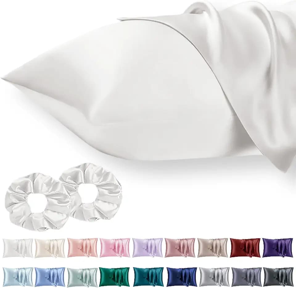 Vielit 2er Set Satin Kissenbezug 50x75 Ivory, Weich wie Seidenkissenbezug,Bessere Pflege als Silk Pillosecase,Satin Kopfkissenbezug 50x75 Kissenhülle für Haar und Haut mit 2 Haargummis