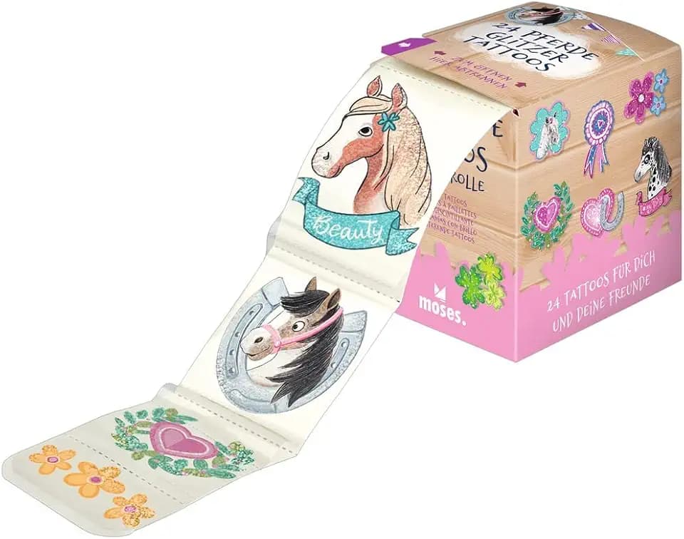 moses. Glitter Pferde Tattoos für Kinder, 24 hübsche Klebetattoos, Ponys, Hufeisen & Co. , temporäres & hautfreundliches Tattoo für Kids, Geschenk für den Kindergeburtstag 4.5 cm x 6 cm