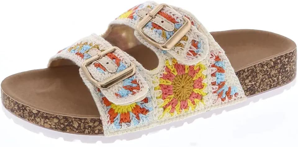 TruFox Women's Crochet Double Strap Flat Sandals with Cork Footbed