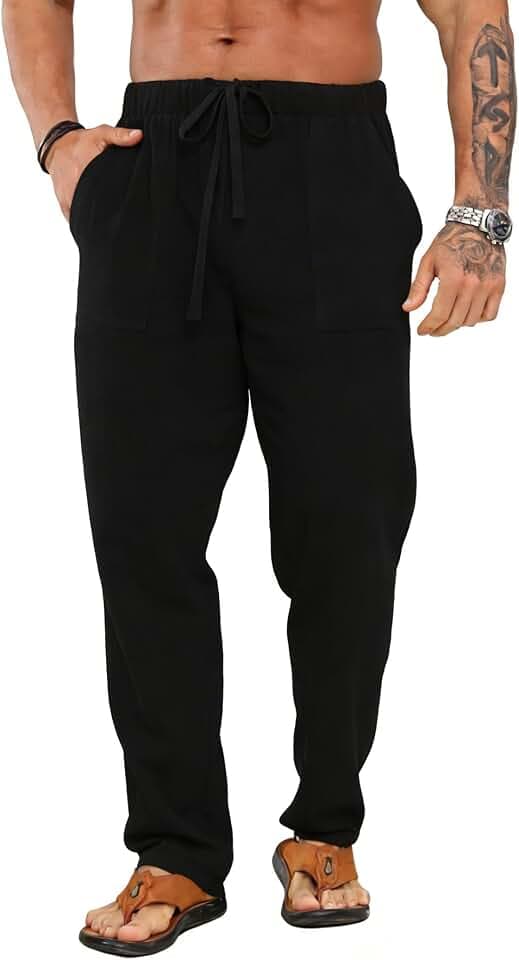 Aro Lora Leinenhose Herren Hose Lang Freizeithose Sommer Strandhose Leichte Tasche Kordelzug Urlaub