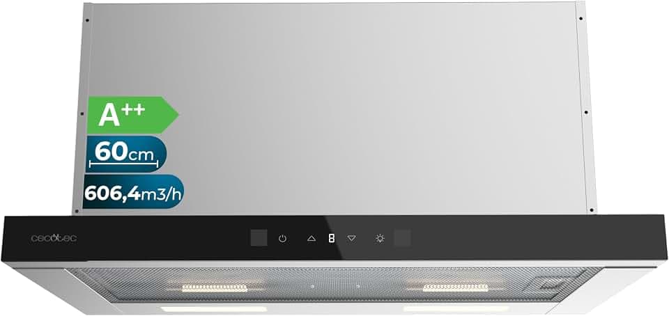 Cecotec Dunstabzugshaube Bolero Flux TLT 605501 Glass Black A++. 60 cm, Glasfront schwarz, 606,4 m³/h, BLDC-Motor, 3 Stufen + Booster, Gestensteuerung, LED, 5-lagige Alufilter, Carbonfilter