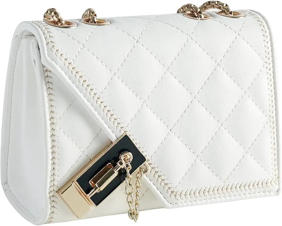 Stylish Chain-Stitch Crossbody for Ladies, Soft Genuine Leather Shoulder Purse, Wonderful Evening Companion for Her (White)