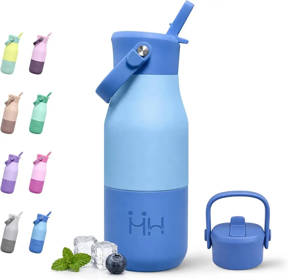 Edelstahl Trinkflasche 400ml, Thermosflasche mit Strohhalm, BPA-Frei Thermosflasche Doppelwandig, Isolierflasche mit rutschfester Silikonhülle für Camping, Fahrrad, Fitness