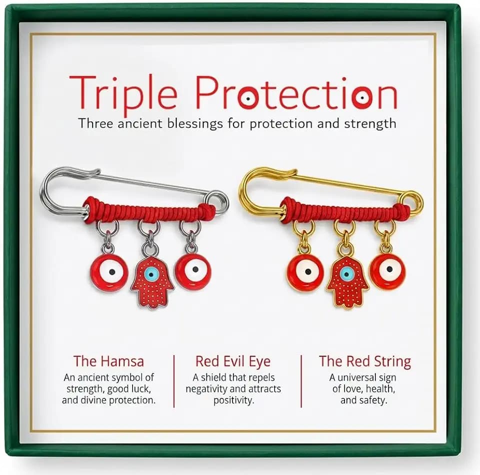 18K Gold Plated & Silver Tone Red Hamsa Protection Charm Pin – Evil Eye Jewelry for Women, Babies, Infants & Toddlers – Hamsa & Evil Eye Symbol Charm – Red String Lucky Amulet for Good Luck – Fits Stroller & Blanket, 1.5 Inch