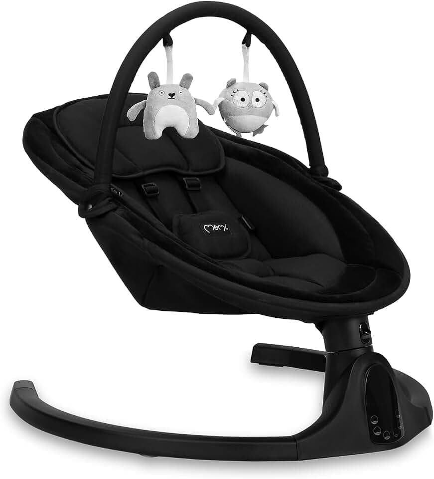 MoMi KENANI ONYX Babywippe für Babys bis 9 kg, mit LED-Display, Fernbedienung & Bluetooth für Smartphone, Batterie- oder Stromanschluss, mit 5-Punkt-Sicherheitsgurt, Bügel und Spielzeug
