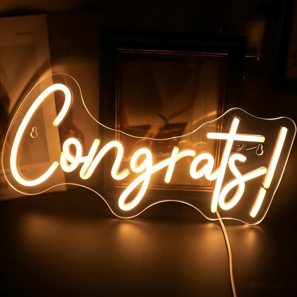 Nordstylee Congrats LED-Neonschild mit Aufschrift "Congrats" für Glückwünsche, Abschlussfeiern, Partys, Zuhause, Bar, College, Hotel, Restaurant, Café, Dekoration, Abschlussfeier, Geschenk (warmweiß)