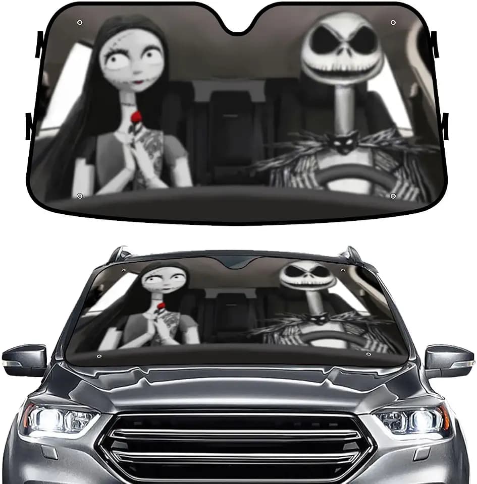 GENANY Nightmare Skellington Couple Horror Windshield Sun Shade for Car SUV Truck (55x30 inches), Sun Shade Windshield, Protector Blocks UV, Auto Gifts, Car Decor