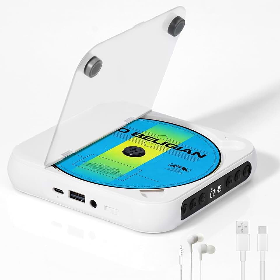 Discman CD Player, Tragbarer CD Player mit Kopfhörer, Weiß