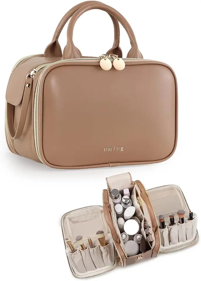 Prite Large Makeup Bag, Waterproof Travel Cosmetic Case with Brush Holder