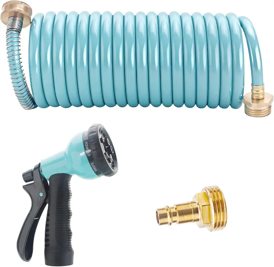 RV External Shower, 3/8 in by 15-Foot Coil Hose with 1/2 Inch Quick Connect Adapter for RV Outdoor Shower, Boat Hose Coil, 3/4 Inch Fittings (With Sprayer)