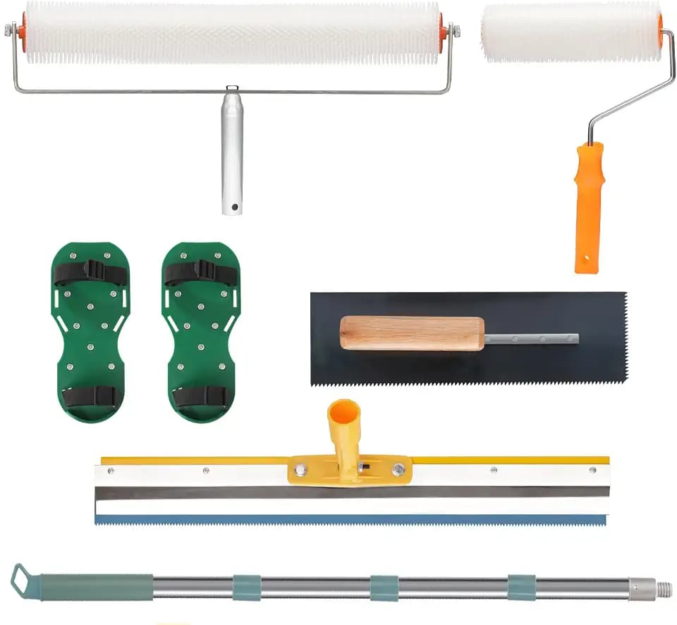 Self Levelling Cement Tool Kit, Adjustable Extension Pole, Floor Roller, Nailer Shoe, Epoxy Floor Tool, Stainless Steel Trowel, Self Levelling Rake, Cement Self Levelling Concrete Tool Kit