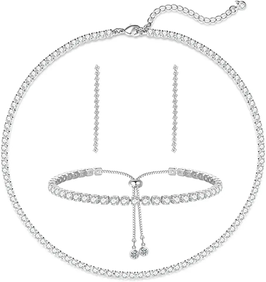 HAXIYA Tennis Necklace Bracelet for Women, Sterling Sliver Jewelry Set, Silver/Gold Chocker Necklace, Crystal Bracelet for Women, Wedding Jewelry for Bride, Sparkly Party Prom Hypoallergenic