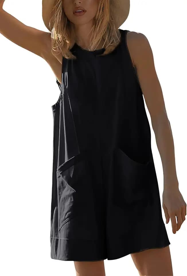 Yeokou Womens Rompers Summer Casual Loose Sleeveless Overalls Onesie Shorts Jumpsuits with Pockets Beach Outfits