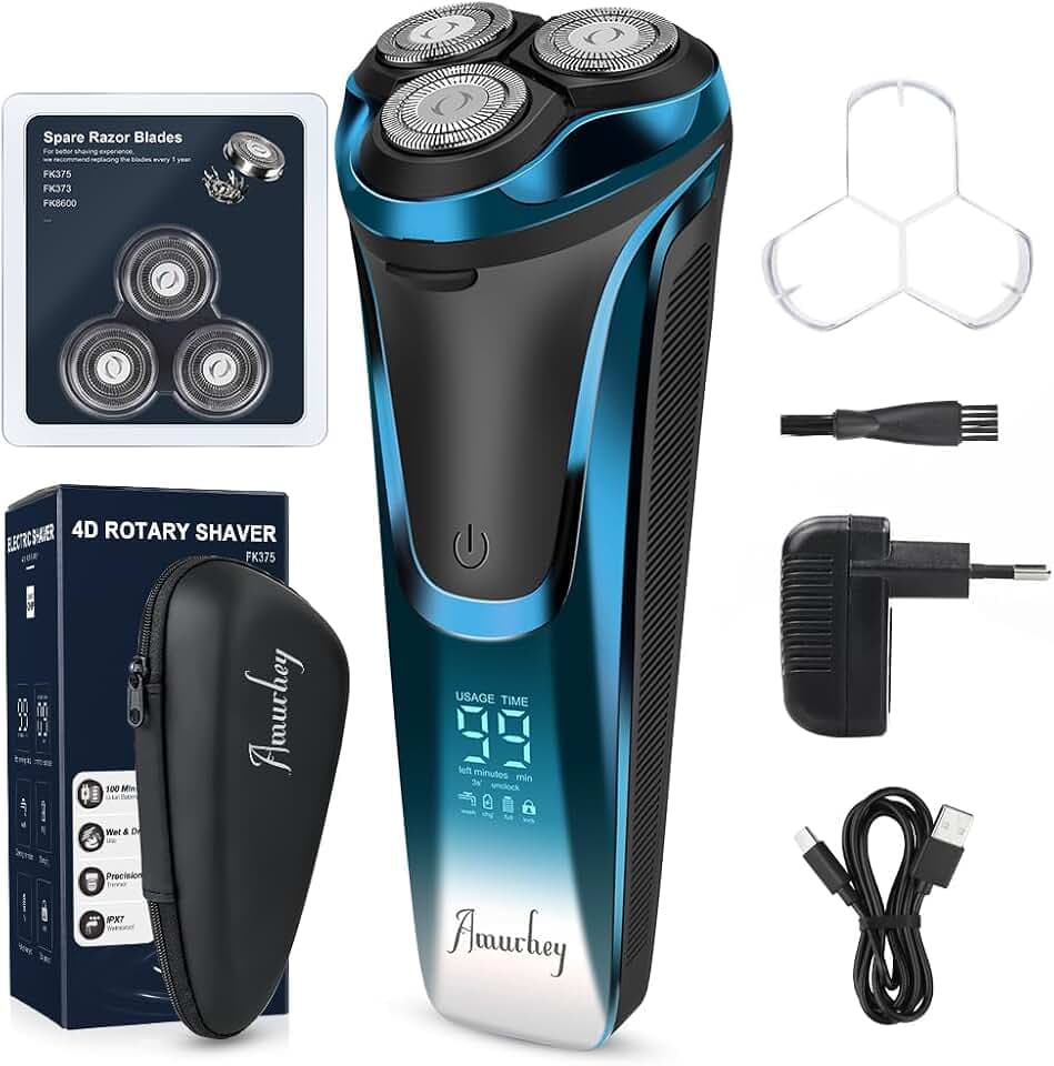 Rasierer Herren Elektrisch mit 3er Ersatzköpfe/Ladegerät/Reiseetui, Blau