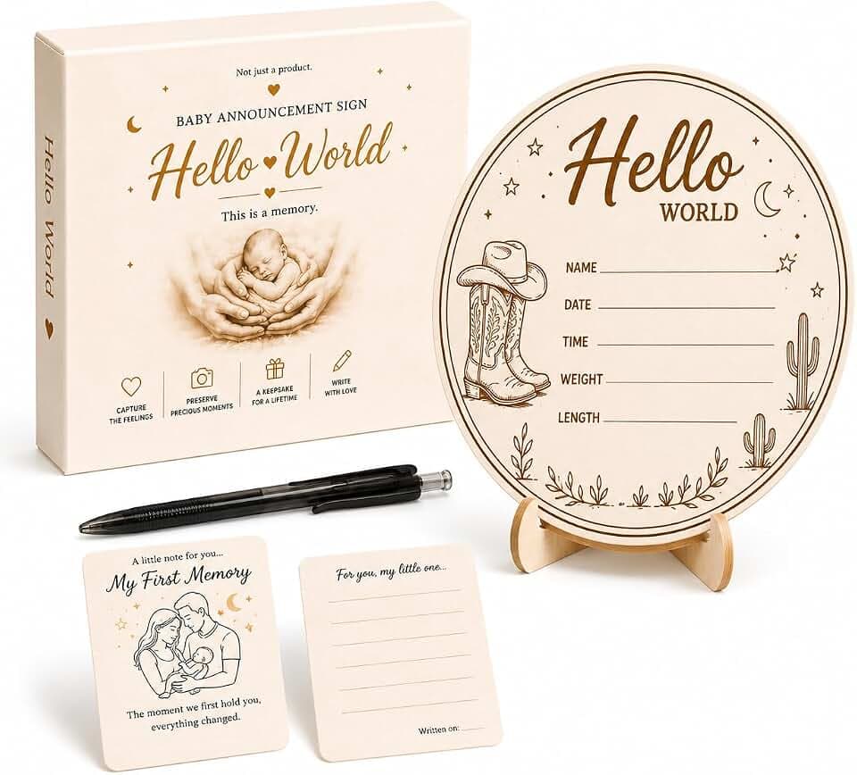 Baby Announcement Sign – Hello World Newborn Sign in 3D Wood with Rustic Cowboy Boots & Western Desert Details for Newborn Memories, Nursery Décor & Baby’s First Precious Moments
