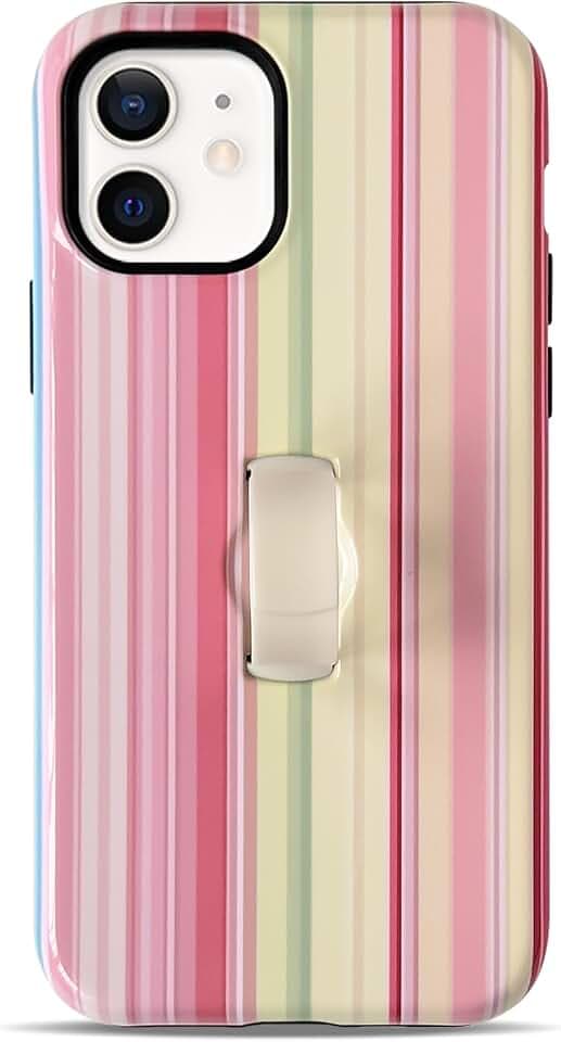 NITITOP for iPhone 12/12 Pro Case with Strap Cute Stripe - Pink Green