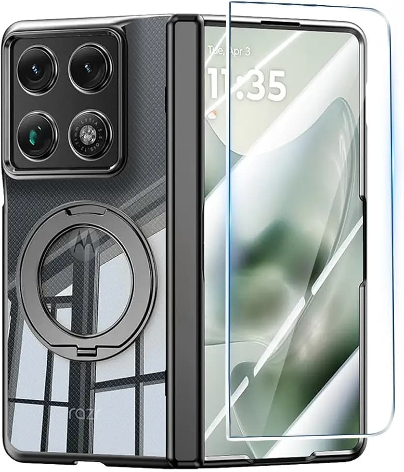 for Motorola Razr Fold Magnetic Clear Case with Screen Protector and Hinge Protection & Rotating Ring Holder, [Support Wireless Charging] Shockproof Anti-Yellow Slim Cover for Moto Razr Fold(Black)