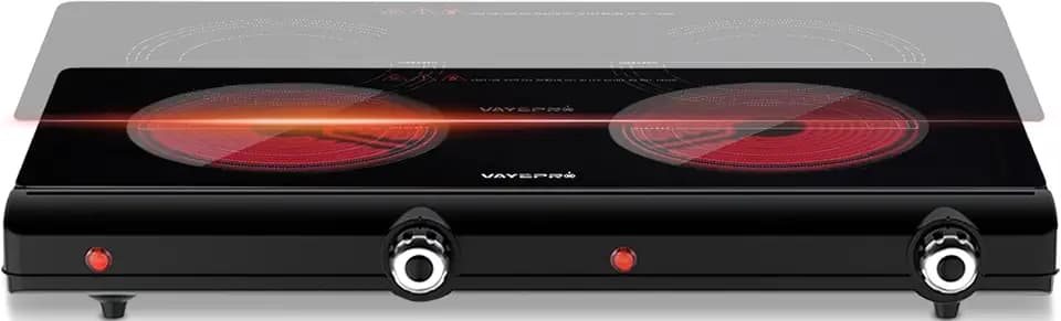 Infrared Double Burner Electric Cooktop, 1800W Portable Electric Stove, 2 Burner Countertop Cooktop for Dorm, Works with Most Cookware