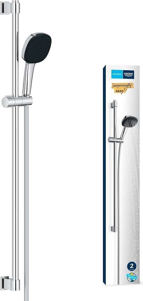GROHE Vitalio 110, Duschset, 14l pro Min (Duschstangenset mit: Duschkopf 2 Strahlarten, 1,75m Schlauch, Duschstange 90cm, zum Kleben oder Bohren, ohne Kleber), eckig, chrom, 26931001